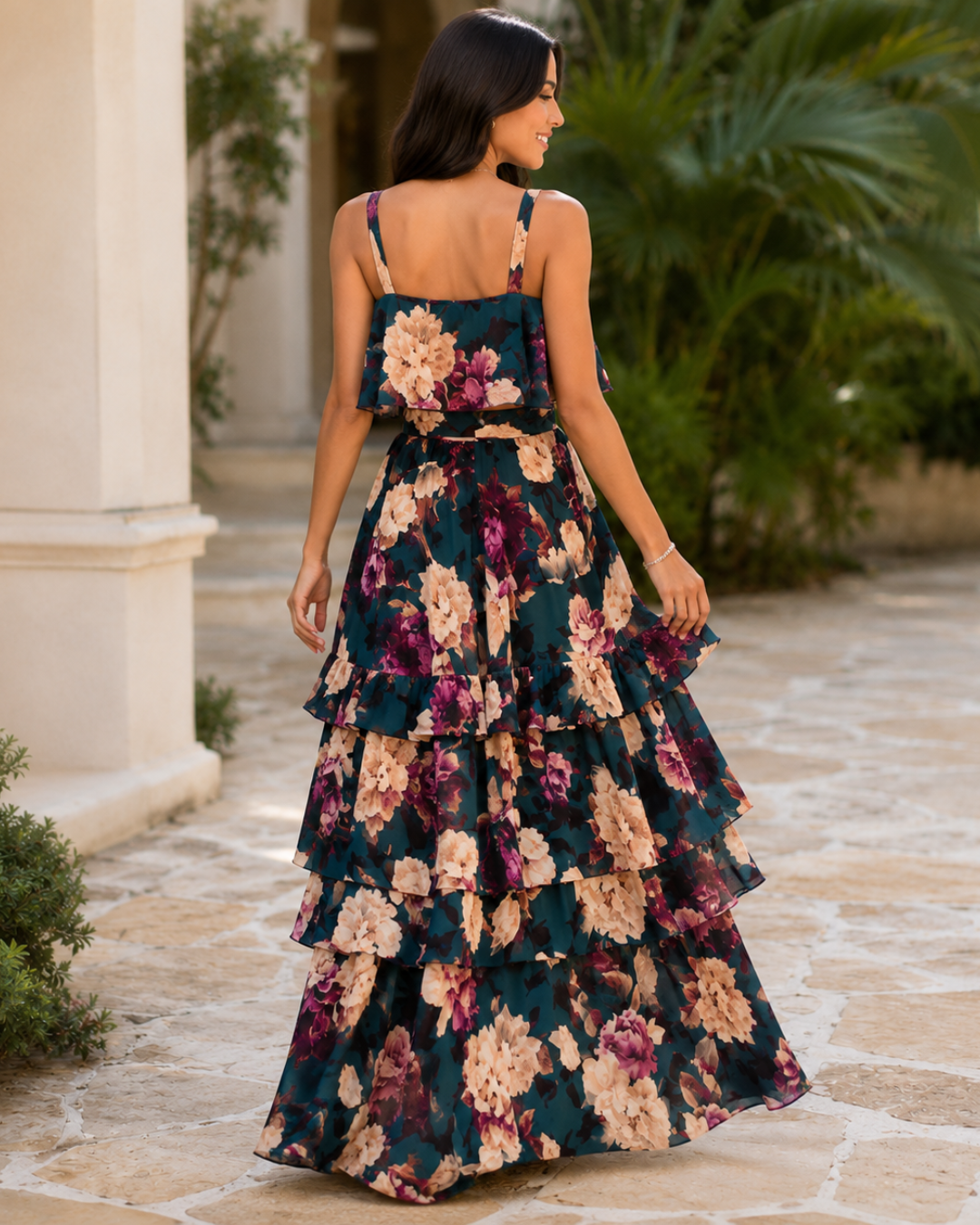 Conjunto Floral com Top e Saia Longa