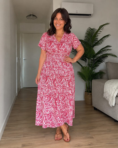 Vestido Comprido Estampado com Cintura Elástica e Decote em V