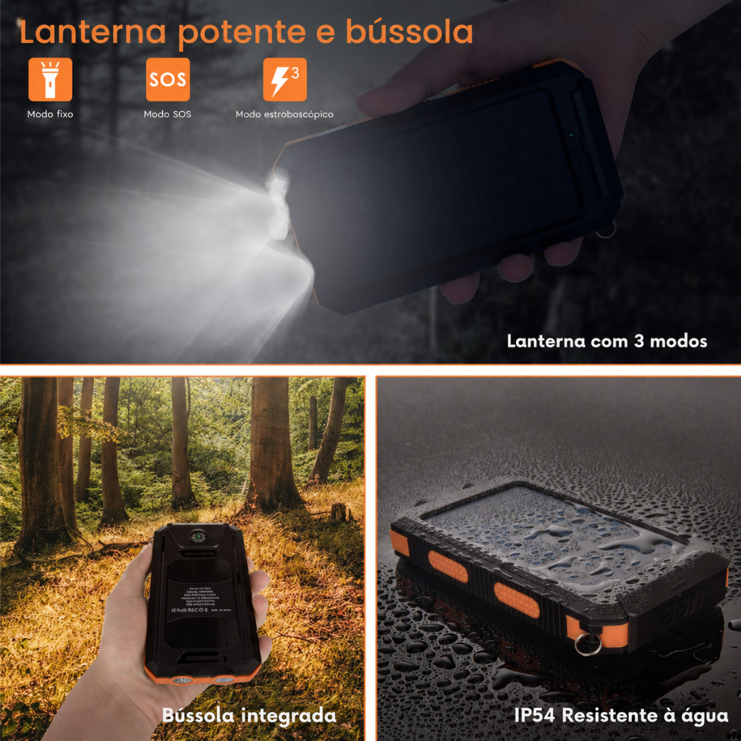 Power bank solar de 10.000 mAh resistente à água e aos choques