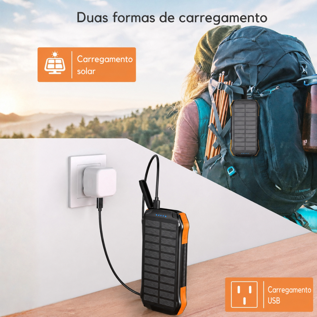 Power bank solar de 10.000 mAh resistente à água e aos choques