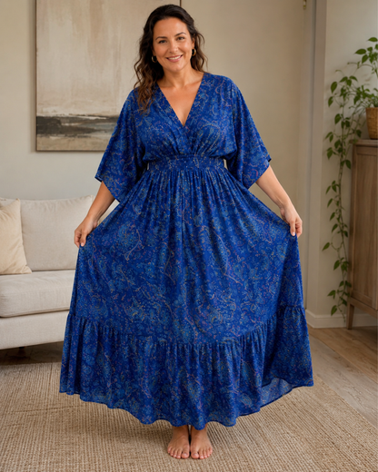 Vestido Comprido Estampado com Cintura Franzida