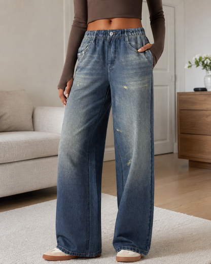 Calças de Ganga Wide Leg com Cintura Elástica