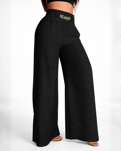 Calças Praga de cintura alta com pernas largas e detalhe de cinto