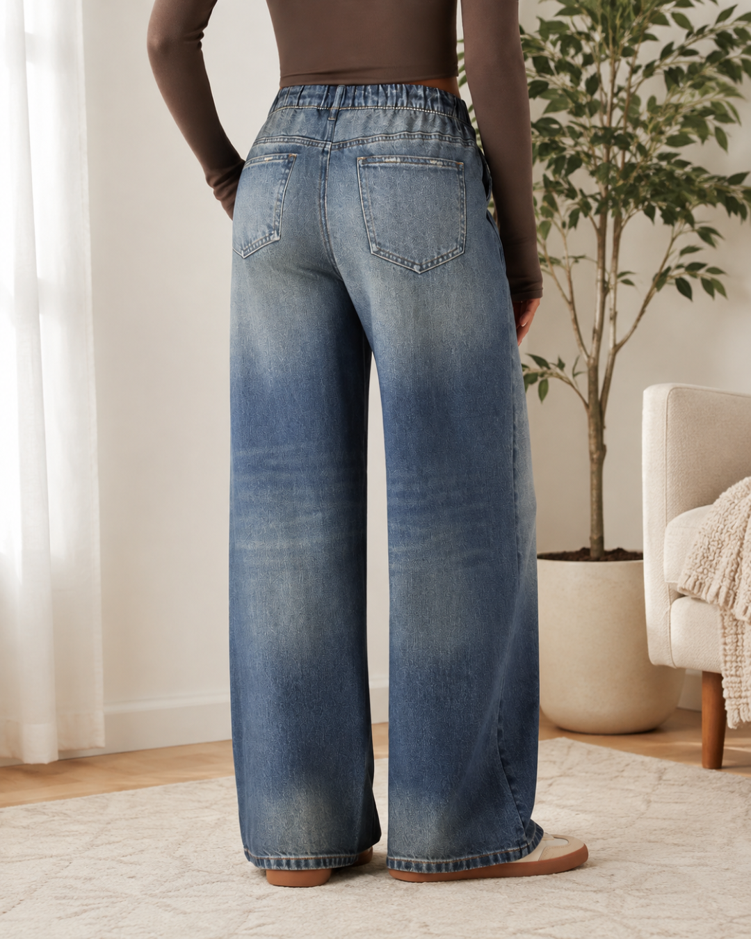 Calças de Ganga Wide Leg com Cintura Elástica