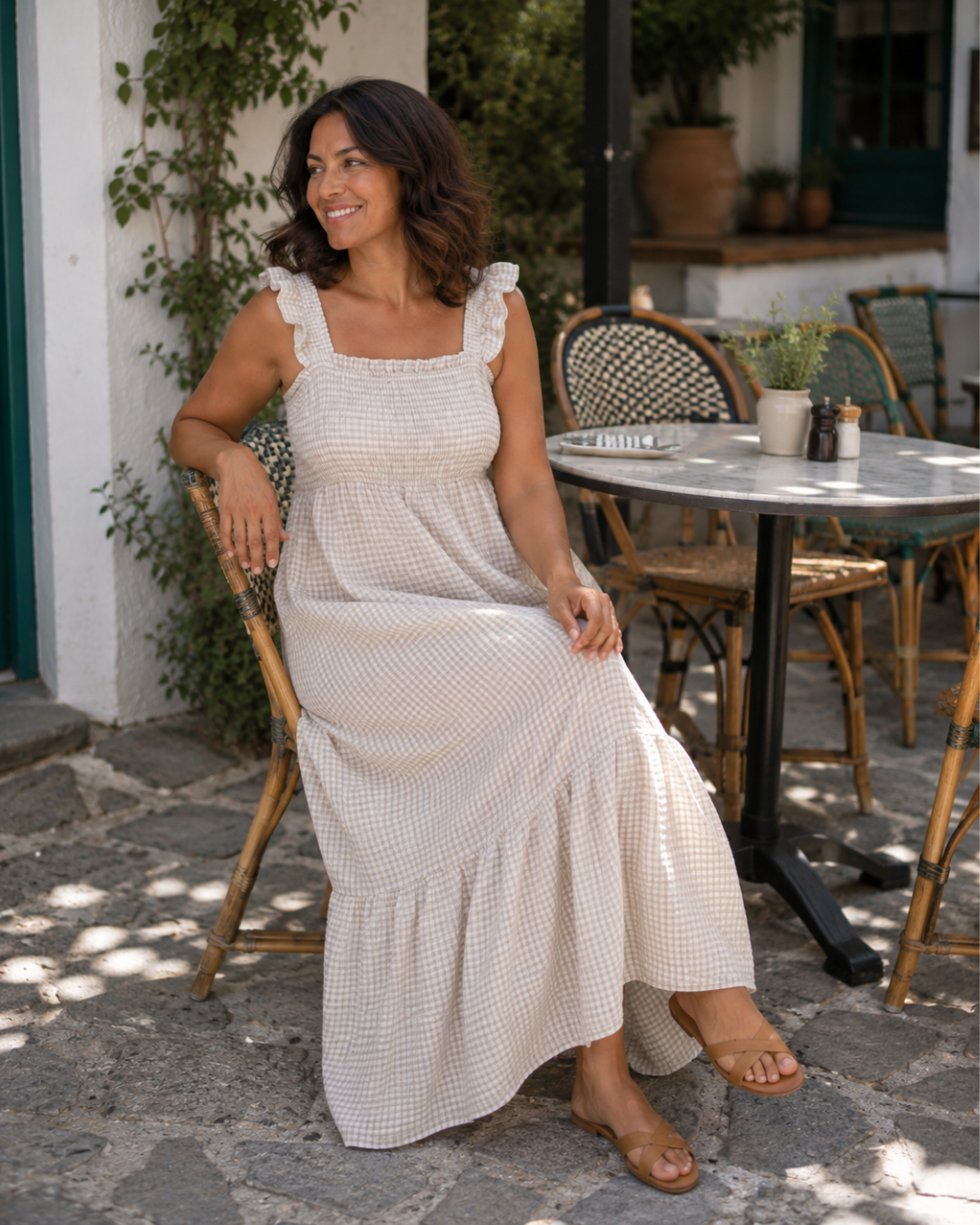 Vestido Comprido aos Quadrados com Corpo Franzido