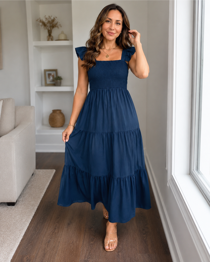 Vestido Midi Fluido com Corpo Franzido e Mangas com Folhos
