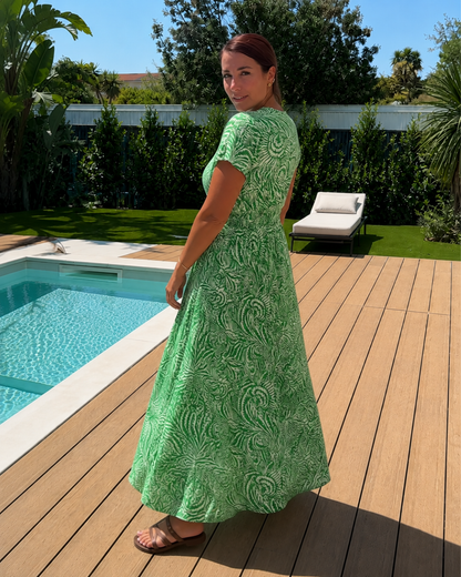 Vestido Comprido Estampado com Cintura Elástica e Decote em V