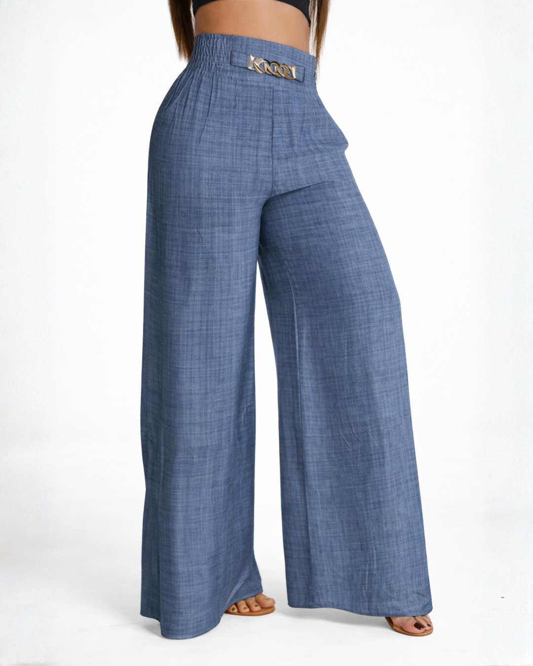 Calças Praga de cintura alta com pernas largas e detalhe de cinto