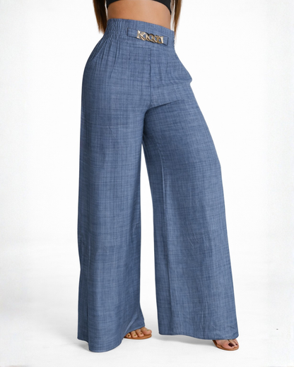 Calças Praga de cintura alta com pernas largas e detalhe de cinto