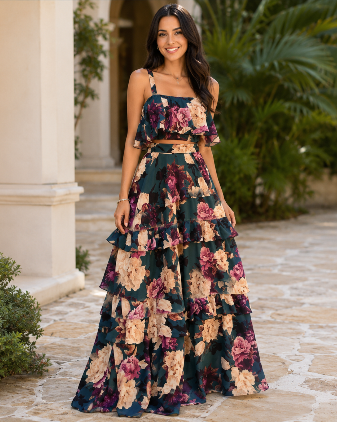 Conjunto Floral com Top e Saia Longa