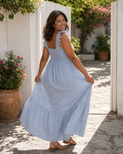 Vestido Comprido aos Quadrados com Corpo Franzido