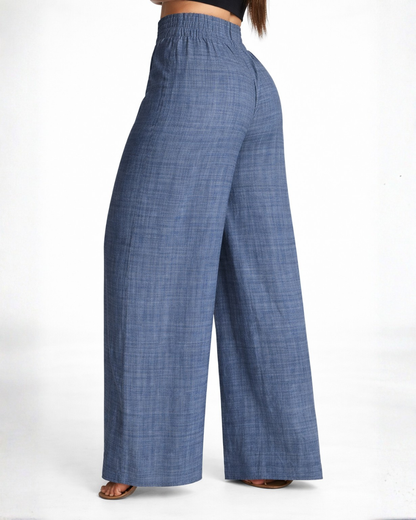 Calças Praga de cintura alta com pernas largas e detalhe de cinto