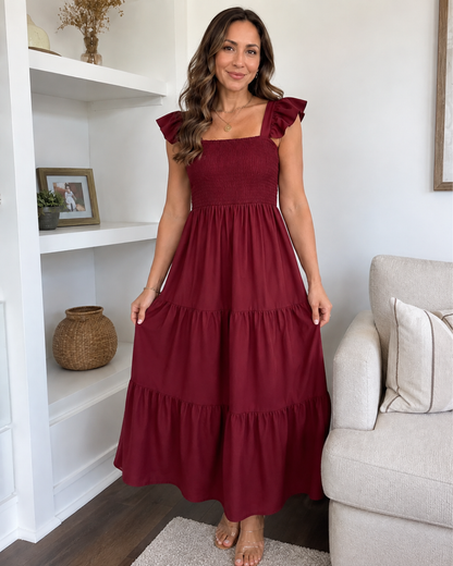 Vestido Midi Fluido com Corpo Franzido e Mangas com Folhos