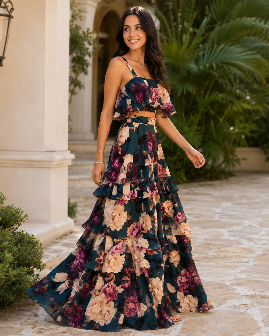 Conjunto Floral com Top e Saia Longa