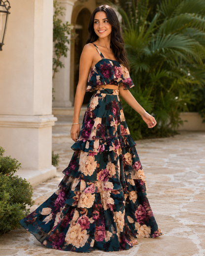 Conjunto Floral com Top e Saia Longa
