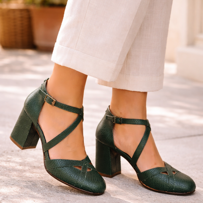 Sapatos Fabiana de Salto em Pele Trabalhada