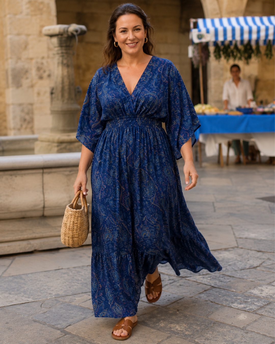 Vestido Comprido Estampado com Cintura Franzida