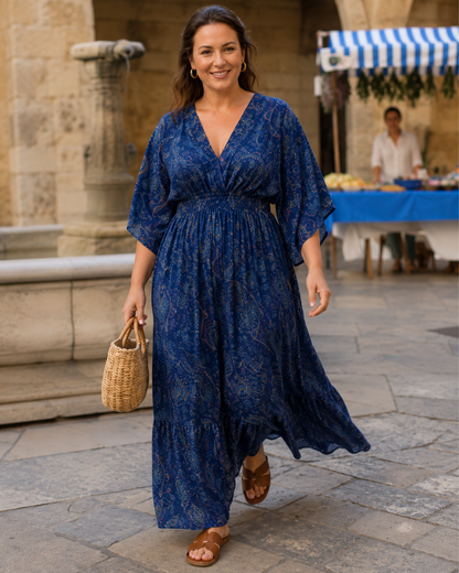 Vestido Comprido Estampado com Cintura Franzida