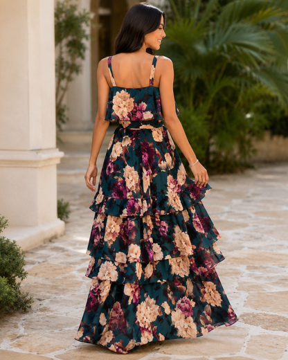 Conjunto Floral com Top e Saia Longa