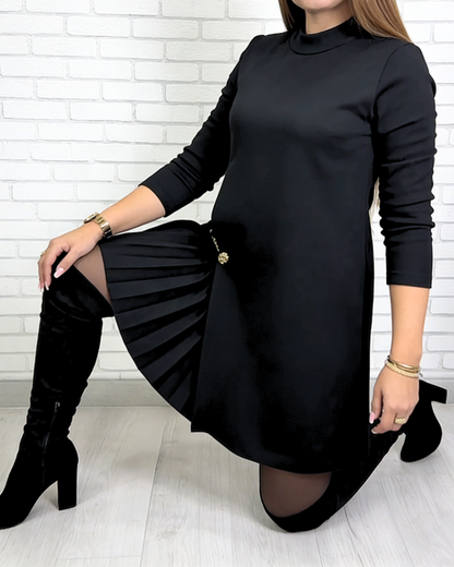 Elegante Vestido de Manga Comprida com Painéis Plissados