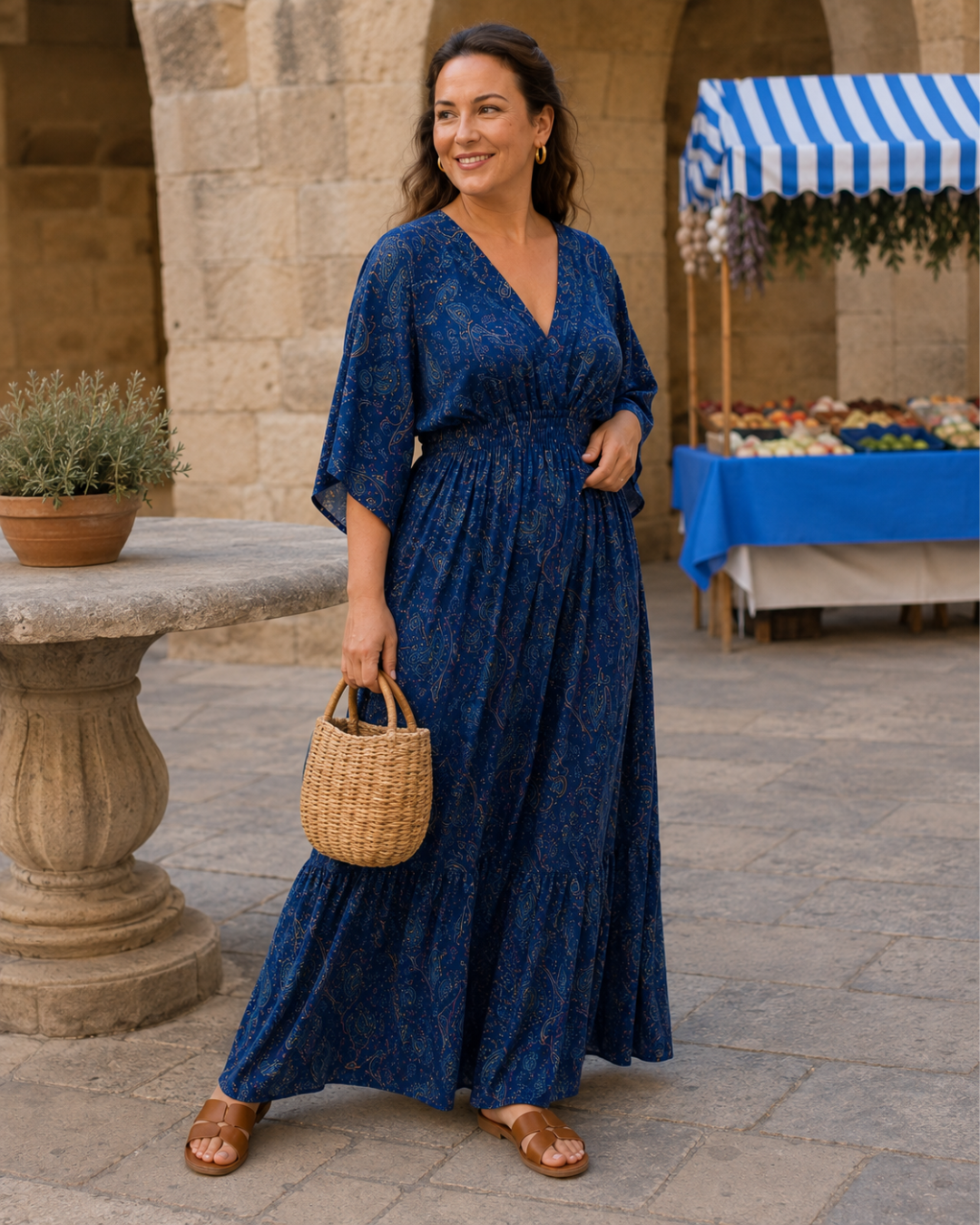 Vestido Comprido Estampado com Cintura Franzida