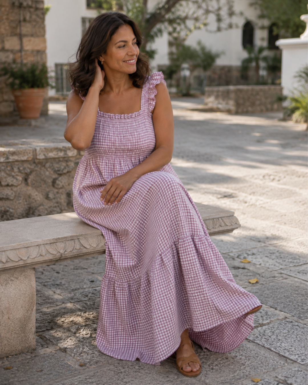 Vestido Comprido aos Quadrados com Corpo Franzido