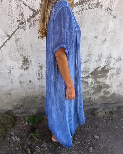 Vestido midi com decote em V em algodão e linho