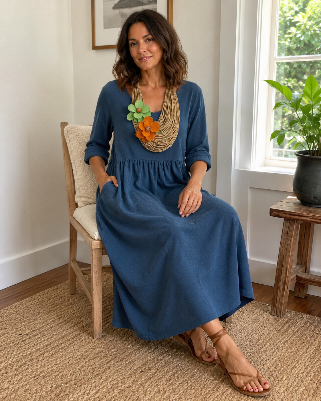 Vestido longo de linho com gola redonda e bolsos
