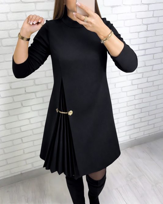 Elegante Vestido de Manga Comprida com Painéis Plissados