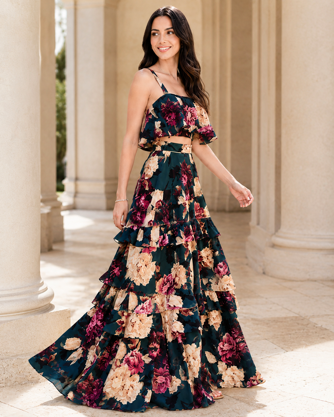 Conjunto Floral com Top e Saia Longa
