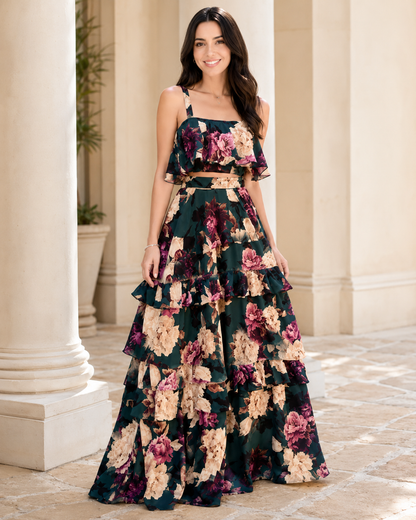 Conjunto Floral com Top e Saia Longa
